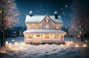 ai gegenereerd een sneeuw huis dat gloeit hartelijk Aan Kerstmis dag foto