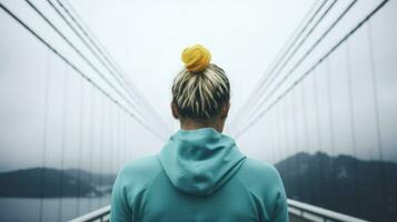 foto van sportief vrouw wandelen naar de brug. generatief ai