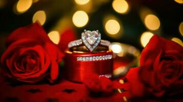 een sprankelend diamant ring elegant geplaatst Aan een levendig rood doos.. generatief ai foto