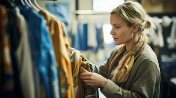 vrouw browsen kleren in winkel.. generatief ai foto