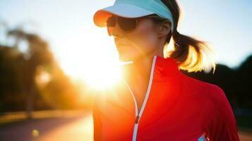 sportief vrouw duurt een wandelen Bij eerste licht van de ochtend. generatief ai foto