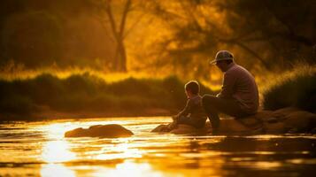 vader en zoon visvangst Bij zonsondergang. generatief ai. foto