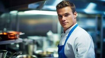 jong chef poseren in een professioneel keuken. generatief ai. foto