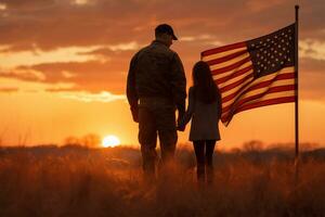 vader leger uniform met Amerikaans vlag Aan zonsondergang achtergrond ai gegenereerd foto