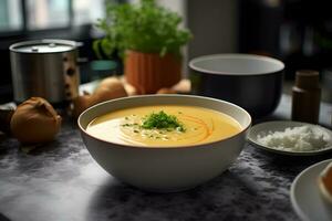 eigengemaakt aardappel soep in keramisch kom Aan keramisch tafel in modern keuken interieur ai generatief foto