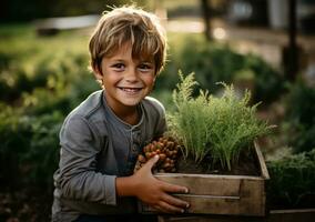 jong boer met vers geplukt tomaten in mand. hand- Holding houten doos met groenten in veld. vers biologisch groente. ai generatief. foto