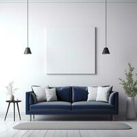 blanco wit schilderij mockup in leven kamer met donker blauw sofa en wit muur. generatief ai foto