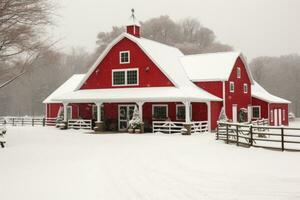 rood schuur in sereen besneeuwd landschap.generatief ai foto