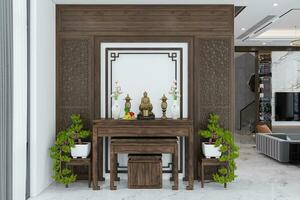 een klein boeddhistisch tempel interieur met houten partities en botanische producten. 3d renderen foto