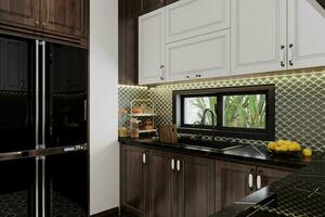 de keuken interieur ontwerp is toegewezen met houten en keuken huishoudelijke apparaten. 3d renderen foto