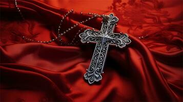 een kruis Aan een rood kleding met rood kleding stof ai generatief foto