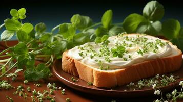 brood geroosterd brood spruit microgreens mayonaise toetje ai gegenereerd foto