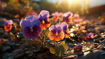 viooltje bloem zonsondergang of zonsopkomst lucht idyllisch Aan gouden uren ai gegenereerd foto