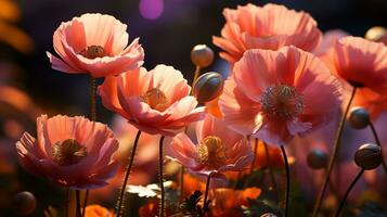 papaver bloem zonsondergang of zonsopkomst lucht geel licht Aan gouden uren ai gegenereerd foto