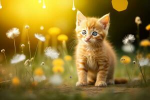 detailopname van schattig kat staren Bij iets met mooi bokeh achtergrond, generatief ai foto