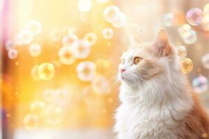 detailopname van schattig kat staren Bij iets met mooi bokeh achtergrond, generatief ai foto