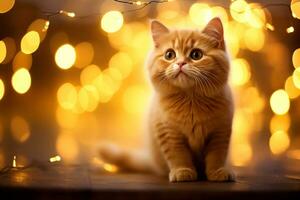 detailopname van schattig kat staren Bij iets met mooi bokeh achtergrond, generatief ai foto