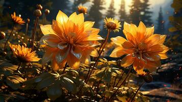 dahlia bloem zonsondergang of zonsopkomst lucht geel licht Aan gouden uren ai gegenereerd foto
