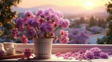 lavendel fabriek in vas foto realistisch Aan avond zon ai gegenereerd