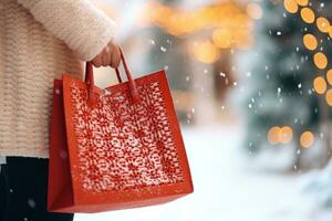 vrouw in winter slijtage houdt rood boodschappen doen tas. generatief ai foto