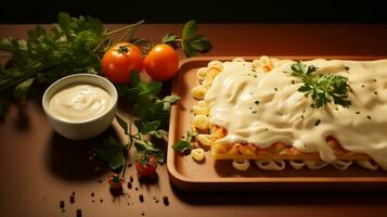 lasagne aardappel mayonaise paddestoel ei voedsel ai gegenereerd foto