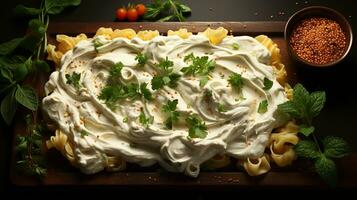 macaroni lasagne mayonaise gemakkelijk ontbijt ai gegenereerd foto