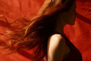 een vrouw met lang rood haar- staand in voorkant van een rood achtergrond generatief ai foto