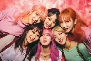 vier meisjes met roze haar- poseren voor een foto generatief ai