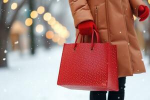 vrouw in winter slijtage houdt rood boodschappen doen tas. generatief ai foto