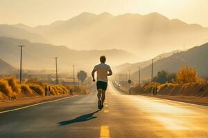 Mens rennen langs de weg gedurende zonsondergang. generatief ai foto