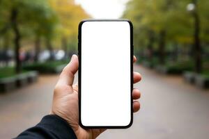 dichtbij omhoog handen Holding een smartphone met blanco. generatief ai foto