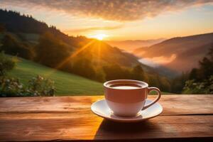 vers koffie kop buitenshuis in voorkant van mooi natuur zonsopkomst. generatief ai foto