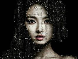 een beeld van een dames gezicht gemaakt omhoog van binair code generatief ai foto
