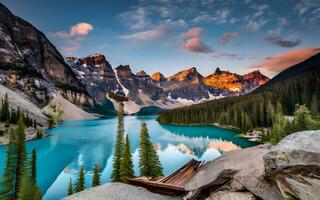 ai gegenereerd sereen zonsondergang reflecties, een majestueus alpine meer onthult van de natuur schoonheid foto