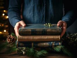 ai gegenereerd ai generatie. mannetje handen houden een stack van oud rustiek antiek boeken Aan een tafel met Spar foto