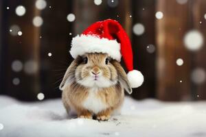 schattig pluizig konijn in een rood santa's hoed. generatief ai foto