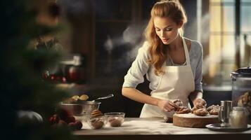 ai gegenereerd multy Etnisch Mens en vrouw bakken, voorbereidingen treffen feestelijk avondeten in modern keuken met Kerstmis decoraties foto