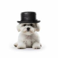 een klein wit hond vervelend een zwart hoed, ai gegenereerd foto