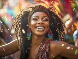 mensen genieten van straat carnaval festival, vrienden lachend buitenshuis in kostuums. opmerken heuvel carnaval uitvoerder. ai gegenereerd foto