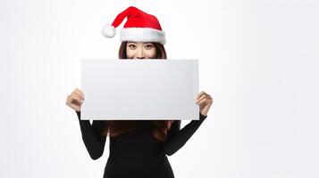 ai gegenereerd vrouw model- in Kerstmis hoed, instelling Holding een blanco teken kopiëren ruimte foto