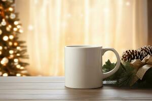 wit blanco koffie of thee mok met versierd Kerstmis leven kamer in achtergrond. generatief ai foto