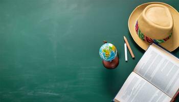 wereldbol, potlood, pen en boek Aan een groen schoolbord achtergrond en leeg ruimte Aan links kant ai genereren foto