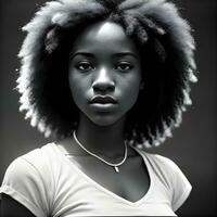 ai gegenereerd aantrekkelijk mysterieus Afrikaanse Amerikaans tiener- meisje. zwart en wit portret. de beeld was gemaakt gebruik makend van generatief ai. foto
