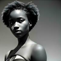 ai gegenereerd aantrekkelijk mysterieus Afrikaanse Amerikaans tiener- meisje. zwart en wit portret. de beeld was gemaakt gebruik makend van generatief ai. foto