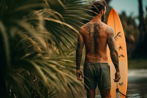 ai gegenereerd mooi mannetje surfer met surfboard Aan de zanderig strand. water sport. gezond actief levensstijl. surfen. extreem sport. foto