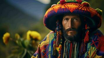 ai gegenereerd een Peruaanse in andean kleding foto