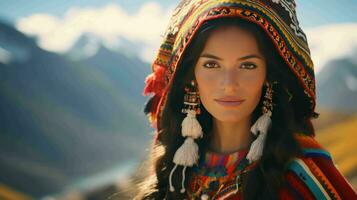 ai gegenereerd een Peruaanse vrouw in andean kleding foto