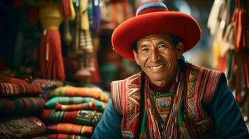 ai gegenereerd een Peruaanse in andean kleding foto