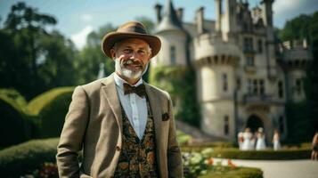 ai gegenereerd goed gekleed Mens staand in voorkant van wijnoogst kasteel foto