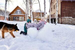 een familie bouwt een sneeuwman uit van wit sneeuw in de werf in winter. foto